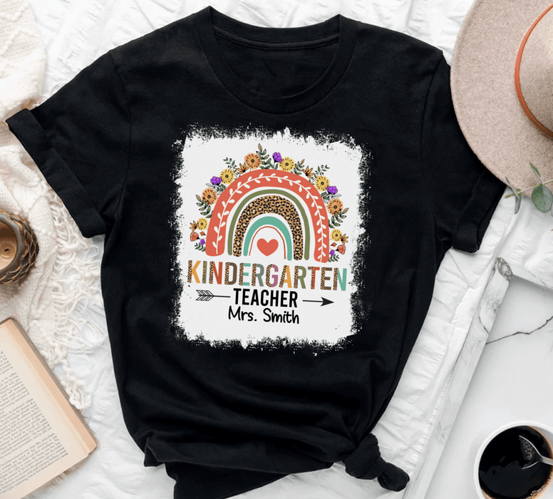 Personalized T-Shirt For Teachers Kindergarten Colorful Leopard & Flower Design Custom Name Back To School Outfit