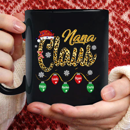 Personalized Coffee Mug Gifts For Grandmother Nana Claus Light Leopard Printed Custom Grandkids Name Christmas Black Cup
