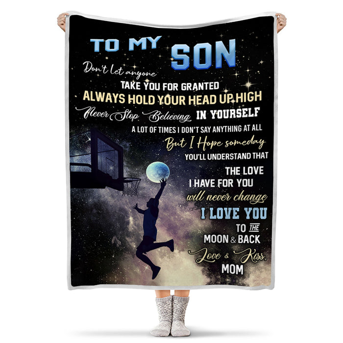 Personalized Throw Fleece Blanket To My Son From Mom Never Stop Believing Yourself Basketball Player Night Sky Blanket