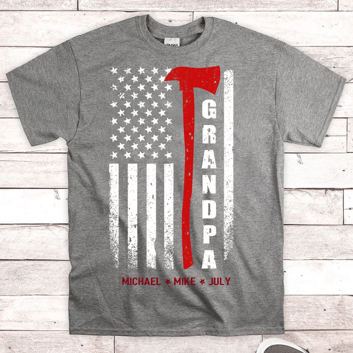 Personalized T-Shirt For Grandpa Vintage USA Flag Design Axe Print Custom Grandkids Name 4th July Day Shirt