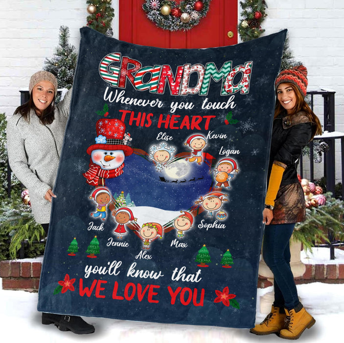 Personalized To My Grandma Blanket From Grankids Whenever You Touch This Heart Snowman Custom Name Gifts For Christmas