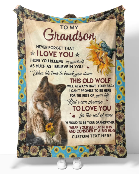 Personalized Lovely Blanket To My Grandson Rustic Sunflower & Wolf Premium Fleece Blankets Custom Name