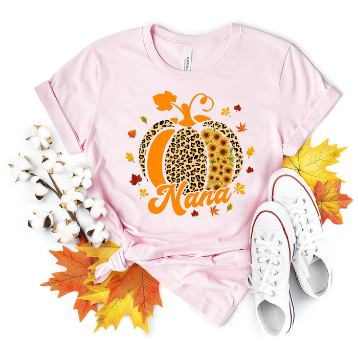 Personalized T-Shirt For Grandma Cute Leopard Sunflower Orange Pumpkin & Maple Leaves Printed Custom Grandma's Nickname