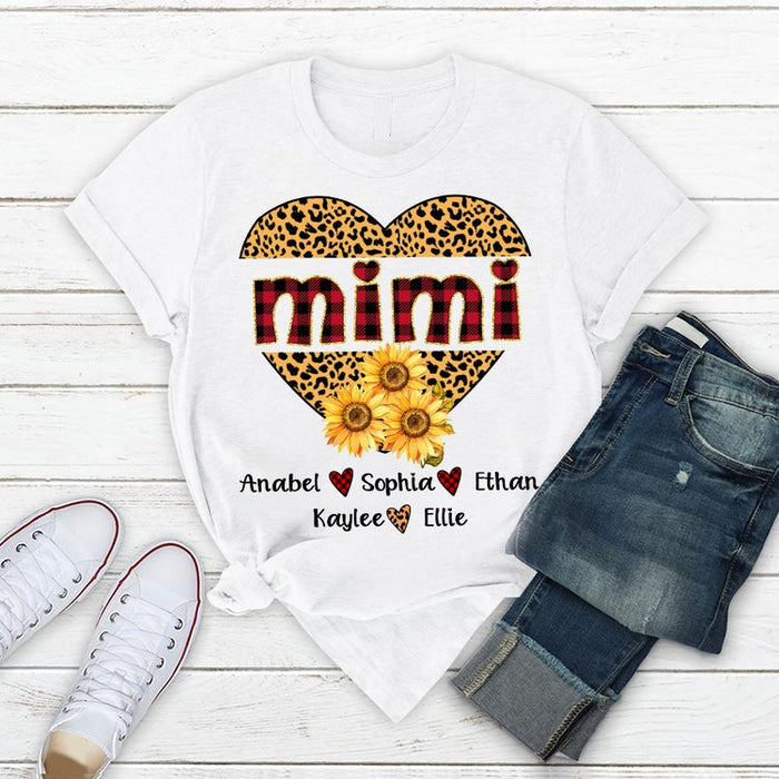 Personalized T-Shirt For Grandma Mimi Leopard Heart Sunflower & Heart Printed Custom Grandkids Name