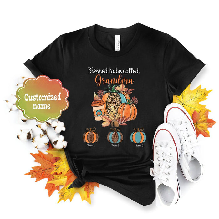 Personalized T-Shirt Blessed To Be Called Grandma Shirt Cute Leopard Pumpkin With Maple Leaves Custom Grandkids Name