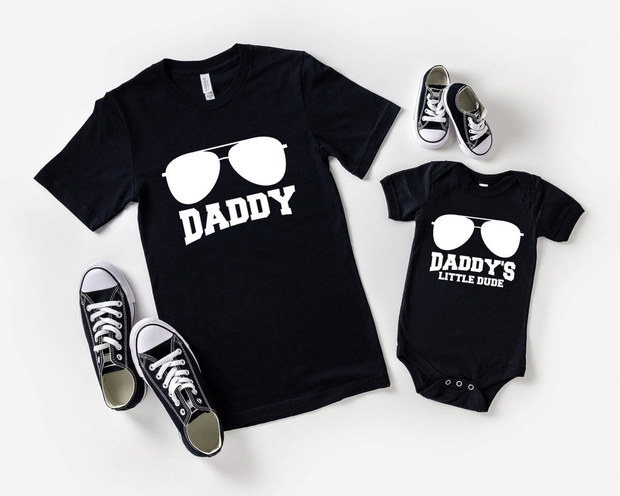 Classic Matching T-Shirt & Baby Onesie Our First Father's Day Funny Glasses Print Custom Name Daddy & Baby Set