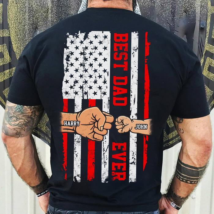 Personalized T-Shirt Best Dad Ever Father & Kid Vintage Fist Bump Design Custom Kid Name 4th Of July Shirt