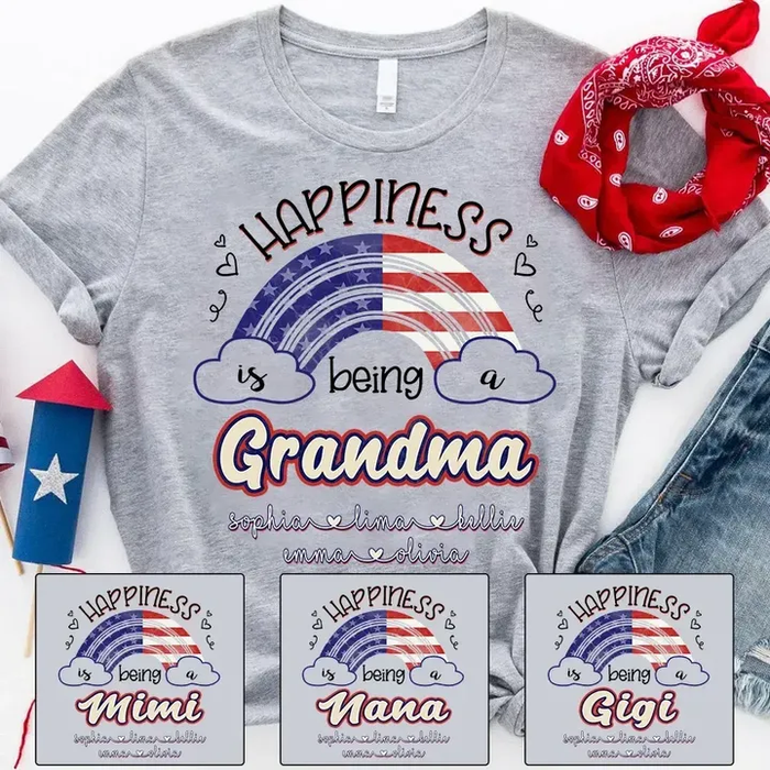 Personalized T-Shirt For Grandma Happiness Is Rainbow USA Flag Design Custom Grandkids Name 4th July Day Shirt
