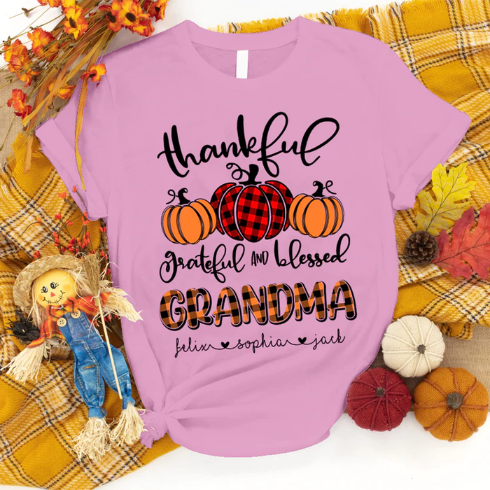 Personalized T-Shirt For Grandma Pumpkin Printed Plaid Design Custom Grandkid's Name Mother's Day Shirt