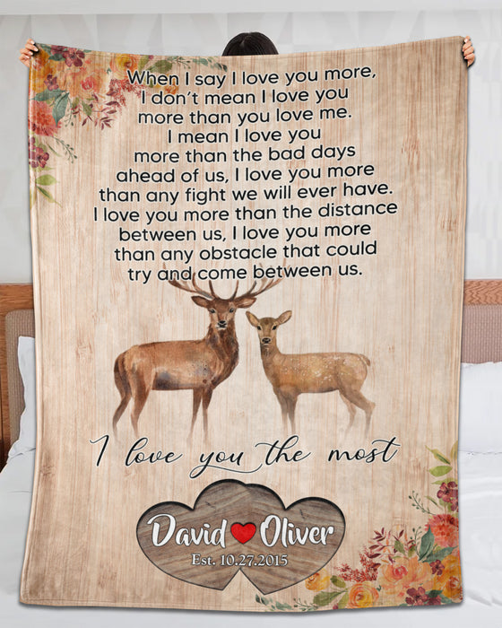 Personalized Rustic Blanket For Husband Wife When I Say I Love You More Deer Couple Valentine Blanket Custom Name & Time