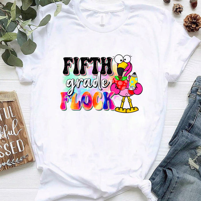 Personalized T-Shirt For Teachers Fifth Grade Flock Colorful Design Flamingo Print Custom Name Back To School Outfit