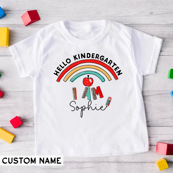 Personalized T-Shirt For Kid Hello Apple Print Colorful Leopard Design Custom Name Back To School Outfit
