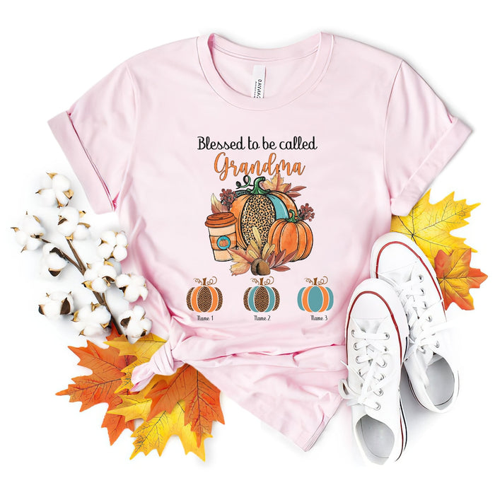 Personalized T-Shirt Blessed To Be Called Grandma Shirt Cute Leopard Pumpkin With Maple Leaves Custom Grandkids Name