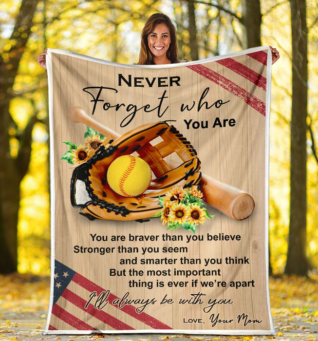 Personalized Fleece Blanket Print Baseball American Flag And Sunflower To My Son Never Forget Who You Are From Mom