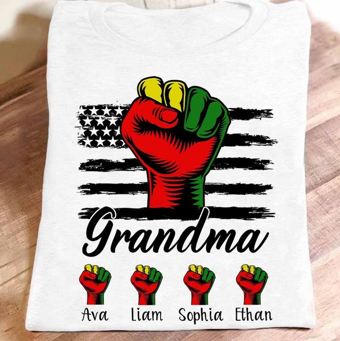 Personalized T-Shirt For Grandma USA Flag & Colorful Hands Design Custom Grandkids Name 4th July Day Shirt