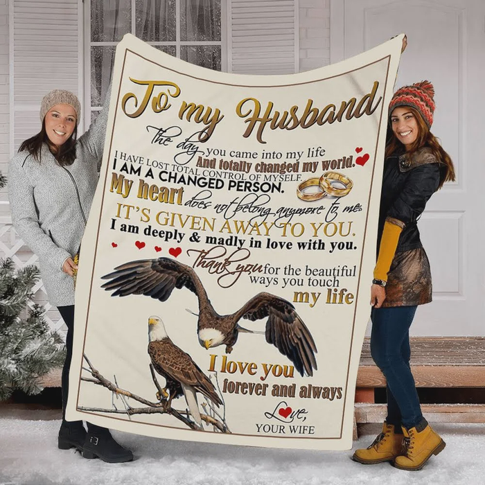 Personalized Throw Blanket To My Husband Romantic Eagles & Ring Couple Design Prints Custom Name Fleece Blanket