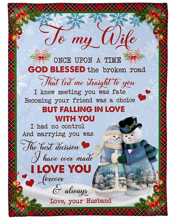 Personalized Xmas Fleece Blanket To My Wife Falling In Love With You Romantic Snowman Couple Blankets Custom Name