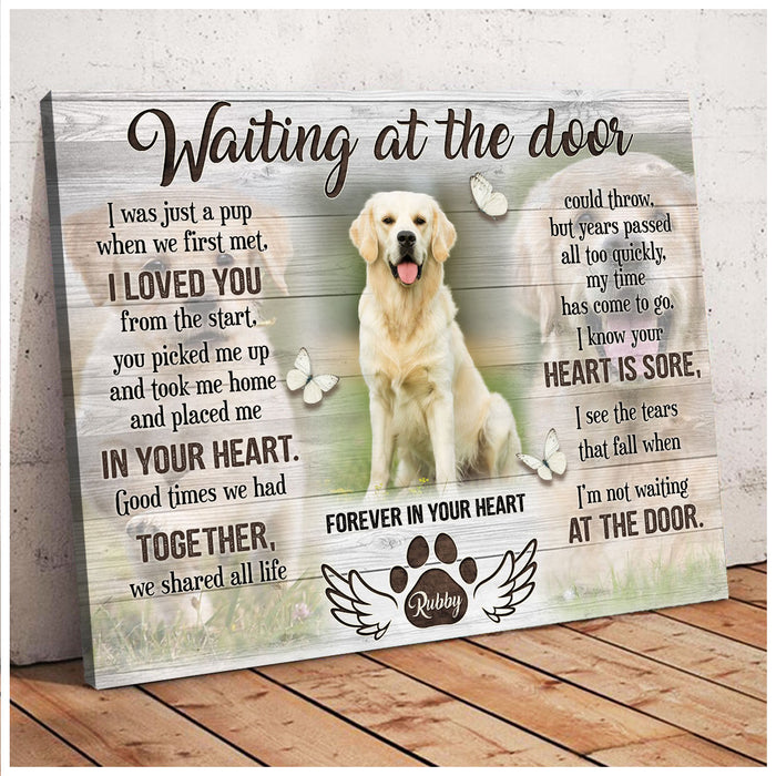 Personalized Memorial Canvas Wall Art For Loss Of Dog Waiting At The Door Angel Wings Butterflies Custom Name & Photo