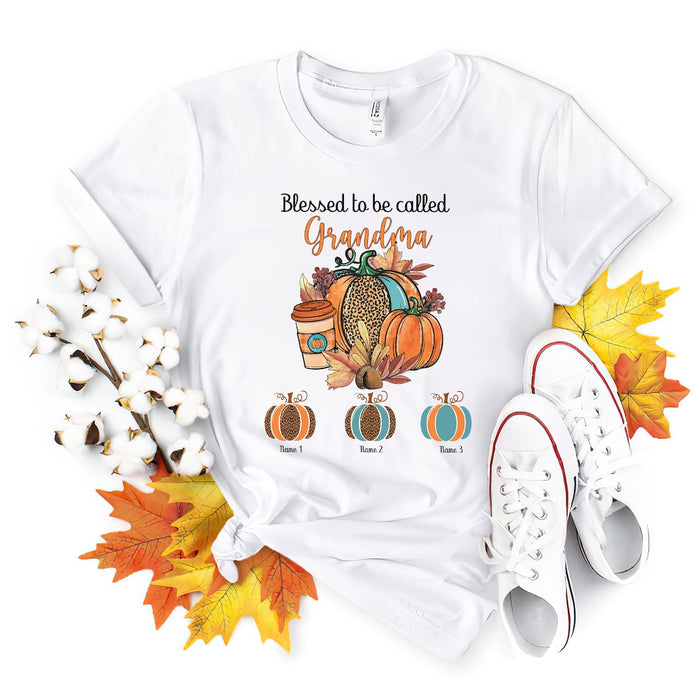 Personalized T-Shirt Blessed To Be Called Grandma Shirt Cute Leopard Pumpkin With Maple Leaves Custom Grandkids Name