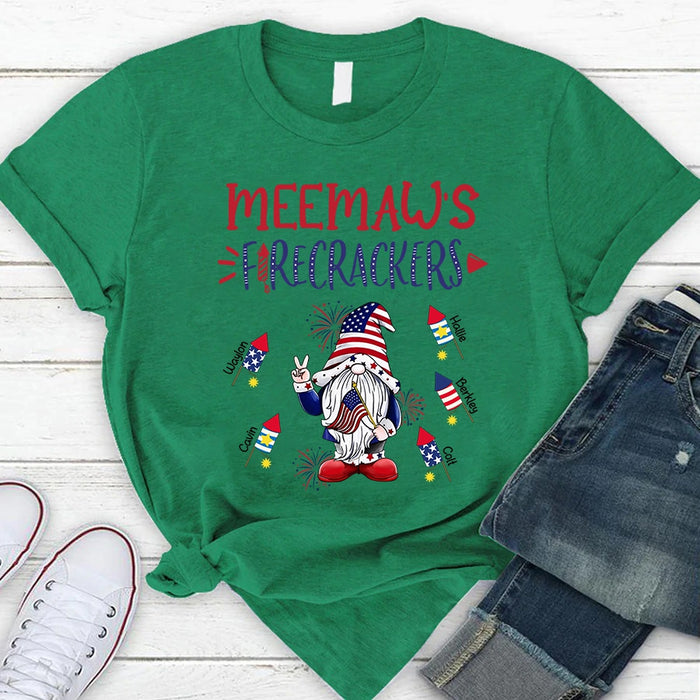 Personalized T-Shirt For Grandma Meemaw's Firecrackers USA Flag Design Custom Grandkids Name Independence Day Shirt