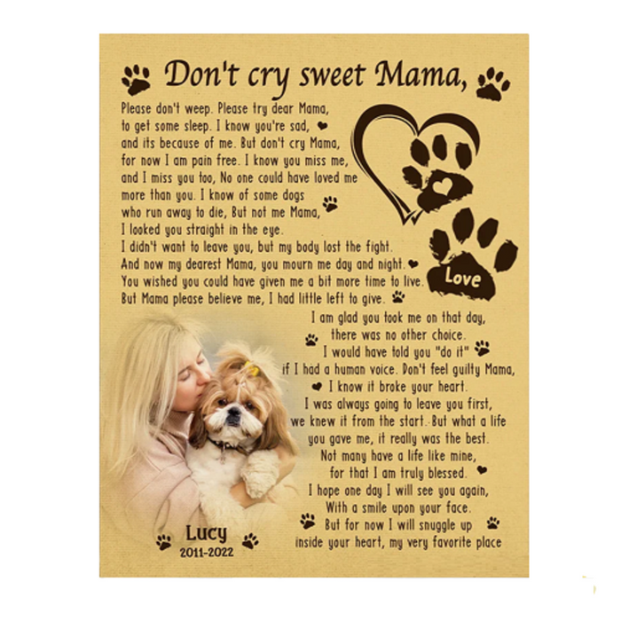 Personalized Memorial Canvas Wall Art For Loss Of Cat Dog Don't Cry Sweet Mama Pawprints Heart Custom Name & Photo