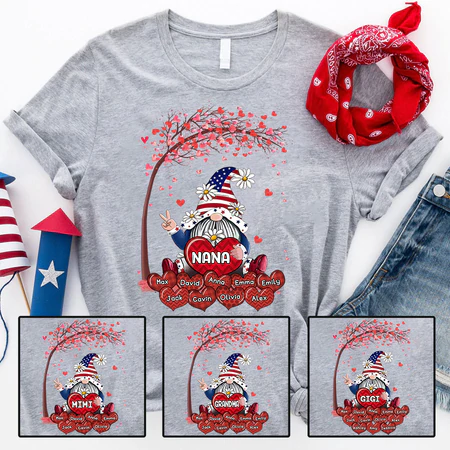 Personalized T-Shirt For Grandma Gnome & Tree With Tree Print USA Flag Design Custom Grandkids Name 4th Of July Shirt