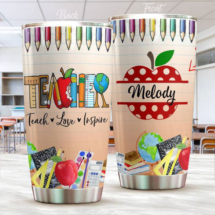 Personalized Tumbler Gifts For Teacher Apple Crayons Teach Love Inspire 20oz Travel Cup Custom Name For Back To School