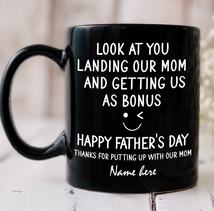 Personalized Black Ceramic Mug For Bonus Dad Landing Our Mom & Getting Me As A Bonus Custom Kids Name 11 15oz Cup