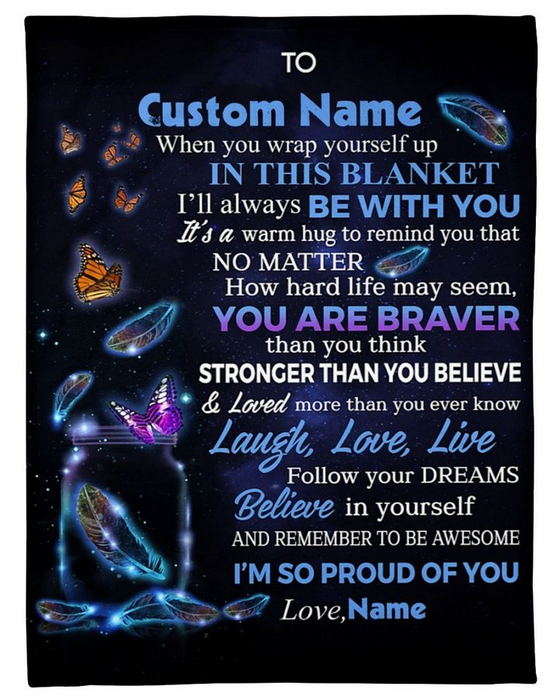 Personalized Night Fleece Blanket To My Daughter Son From Parents Light Feathers & Butterflies Print Customized Name