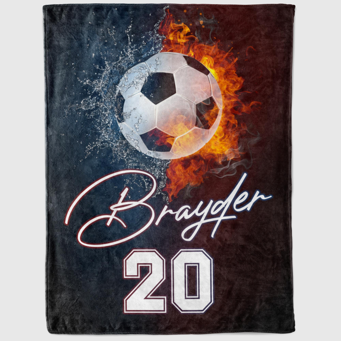 Personalized Blanket For Soccer Lovers 3D Ball In Fire & Water Custom Name & Number Blanket For Team Fans Players