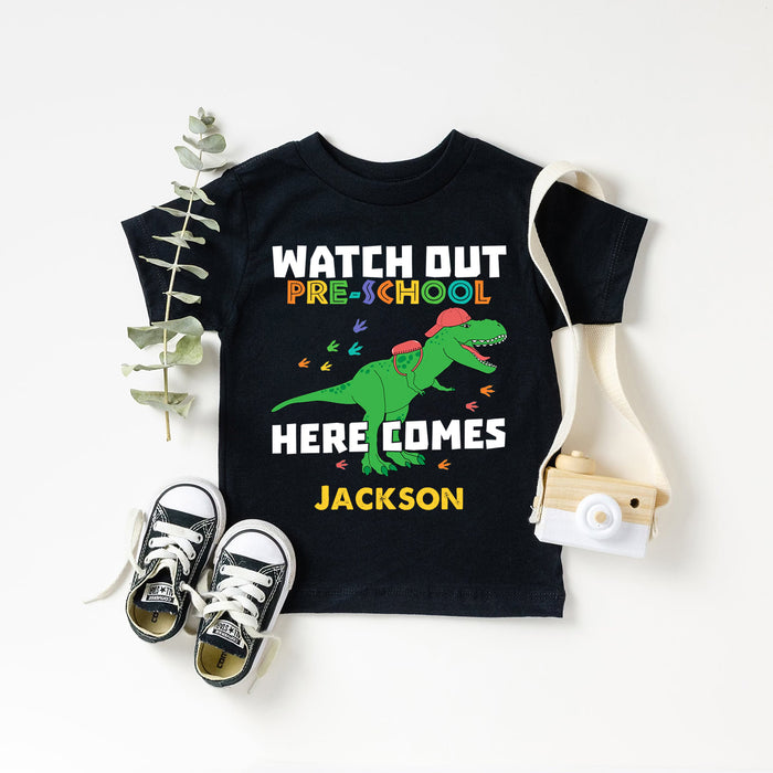 Personalized T-Shirt For Kids Watch Out Pre-School Dinosaur Print Custom Name & Grade Level Back To School Outfit