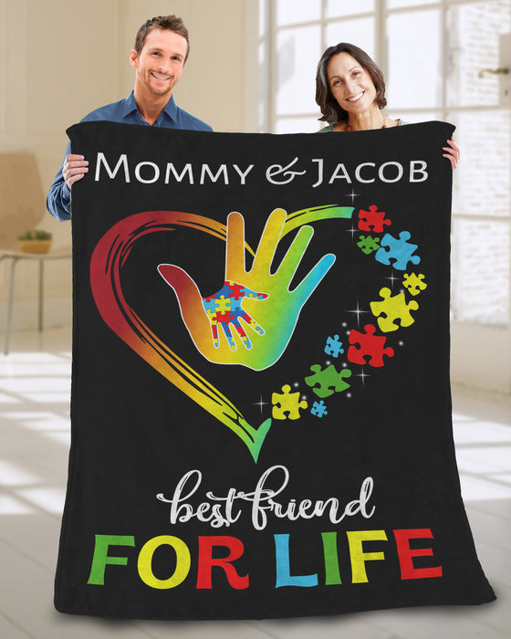 Personalized Blanket For Mom & Autism Kid Best Friend For Life Hand In Hand Colorful Puzzle Heart Printed Custom Name