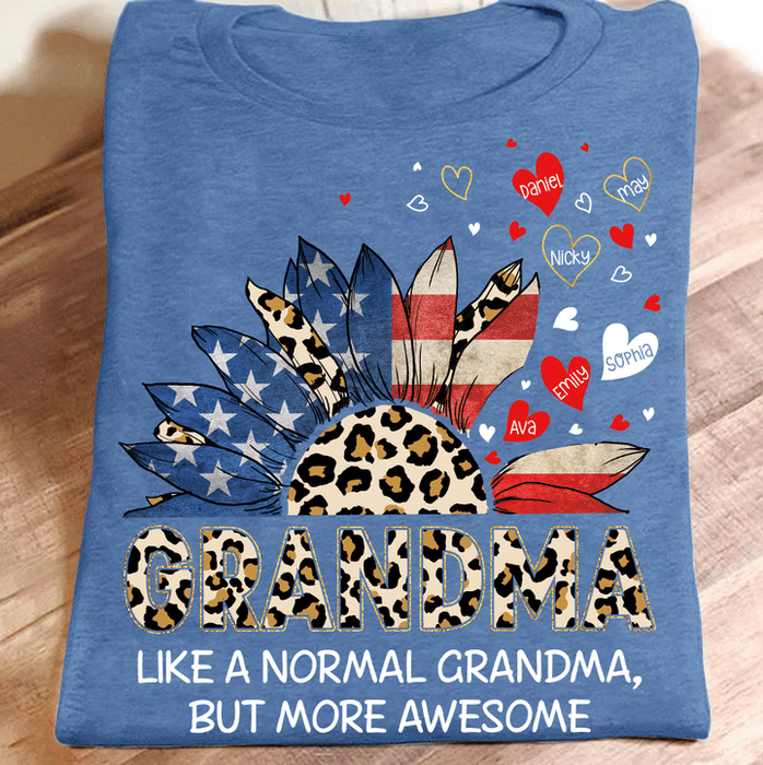 Personalized T-Shirt For Grandma USA Flag With Sunflower & Leopard Design Custom Grandkids Name 4th July Day Shirt
