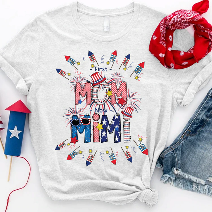 Personalized T-Shirt For Grandma First Mom Now Mimi USA Flag Design Custom Grandkids Name 4th Of July Shirt