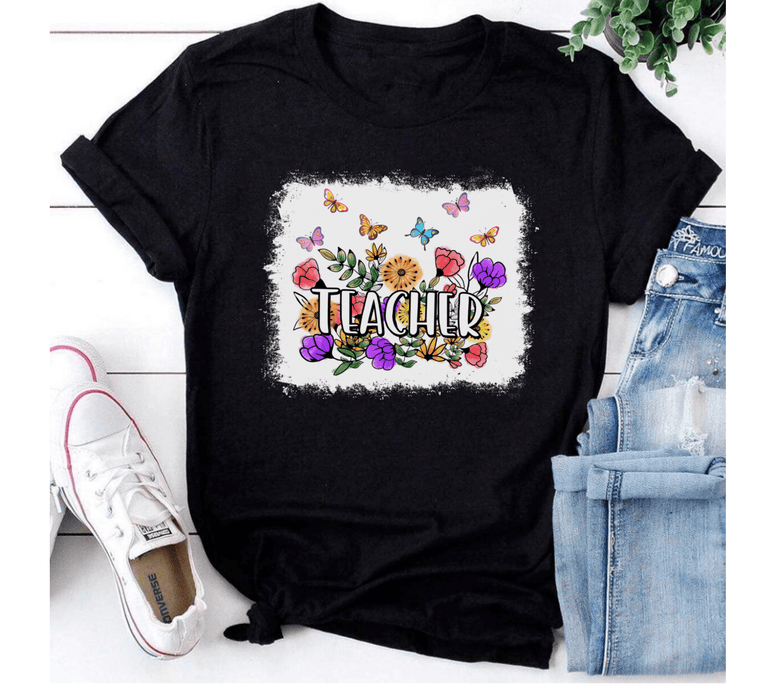 Personalized T-Shirt For Teachers Colorful Flowers Design Custom Job Title Back To School 2022 Outfit