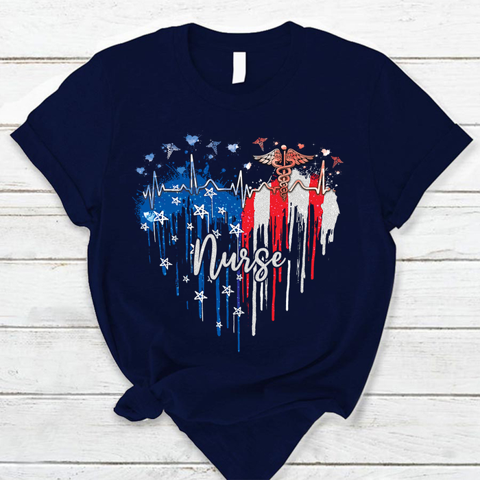 Classic T-Shirt And Hoodie For Nurse America Heart Design Star Printed 4th Of July Independence Day Shirt
