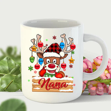 Personalized Coffee Mug Gifts For Grandma Nana Reindeer Christmas Plaid Custom Grandkids Name Christmas White Cup