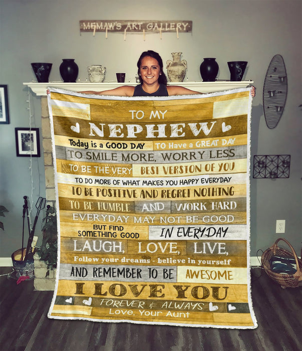 Personalized Yellow Wooden Fleece Blanket To My Nephew To Smile More Worry Less Sherpa Blankets Customized Name