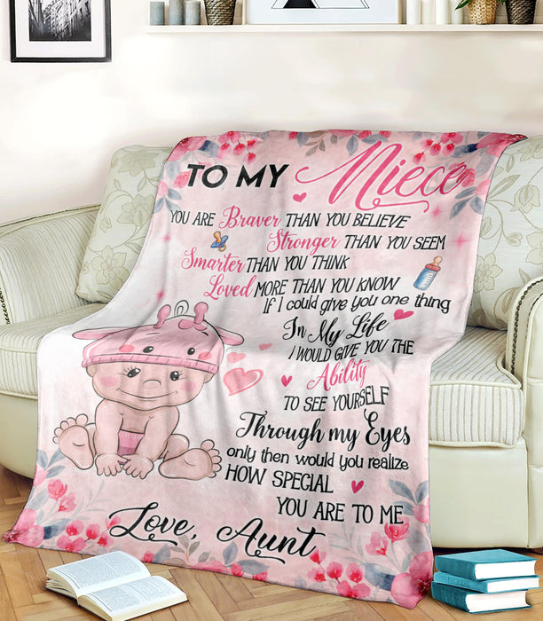Personalized To My Niece Blanket From Aunt Lovely Baby & Cute Flowers Printed Pink Background Custom Name