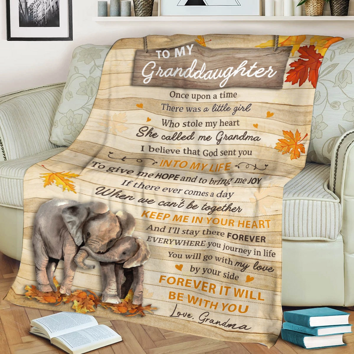 Personalized Vintage Blanket To My Granddaughter Elephant & Autumn Maple Leaves Blanket Custom Name