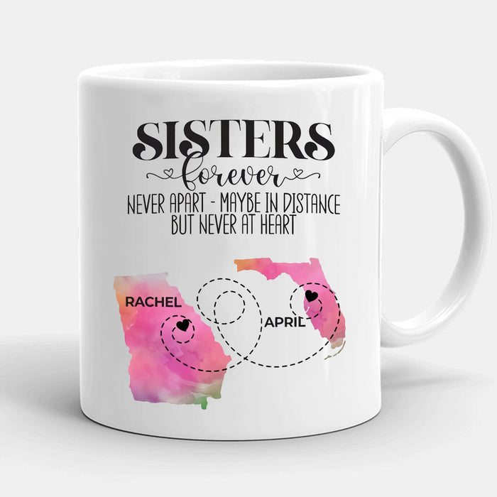 Personalized Coffee Mug For Besties BFF Sisters Forever Never Apart At Heart Custom Name White Cup State To State Gifts