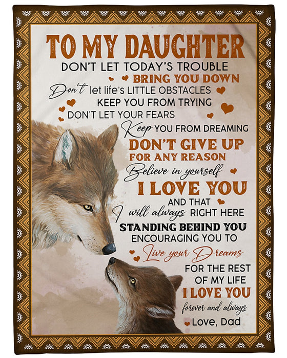 Personalized Blanket To My Daughter From Dad Dreaming Old & Baby Wolf Rustic Vintage Design With Frame Custom Name