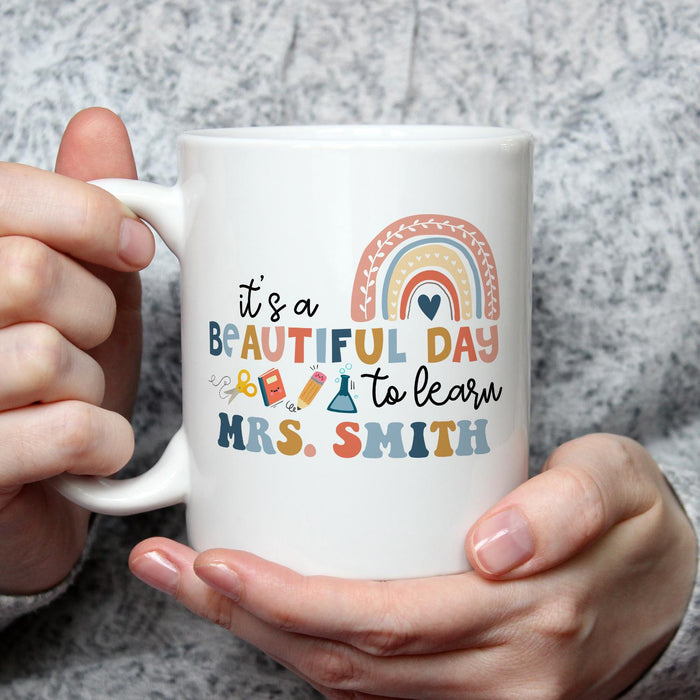 Personalized Ceramic Coffee Mug For Teachers Beautiful Day Rainbow Design Custom Name 11 15oz Back To School Cup