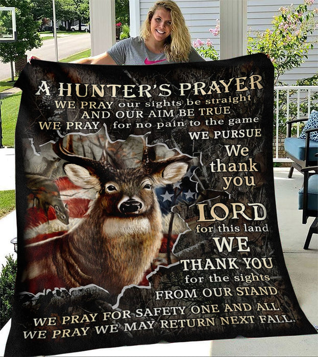 Fleece Blanket For Hunter Pray For Safety One And All Print Design Deers And American Flag