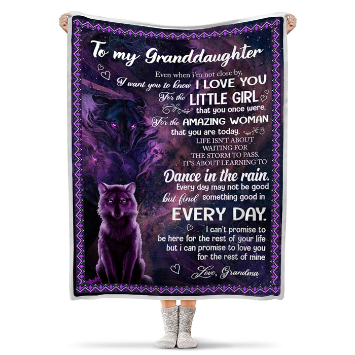 Personalized To My Granddaughter Blanket From Grandma Even When I'M Not Close By Wolf Printed Purple Blanket