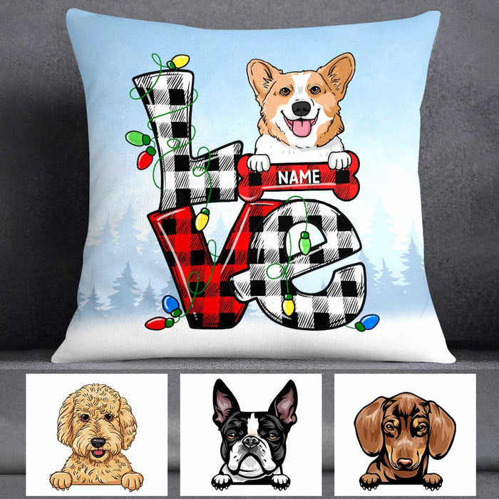 Personalized Square Pillow Gifts For Dog Lover Red Black Plaid Xmas Light Printed Custom Name Sofa Cushion For Birthday