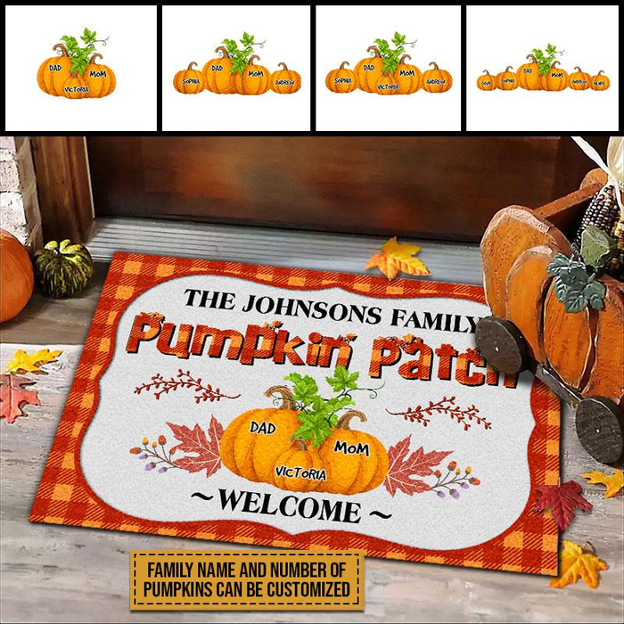 Personalized Welcome Doormat For Fall Lovers Pumpkin Patch Pumpkins Printed Plaid Design Custom Family Name & Member