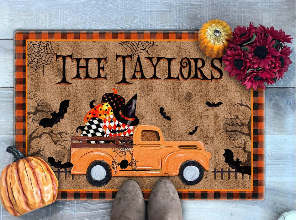 Personalized Welcome Doormat Cute Halloween Pumpkin Truck With Bat & Spiderweb Printed Plaid Design Custom Family Name