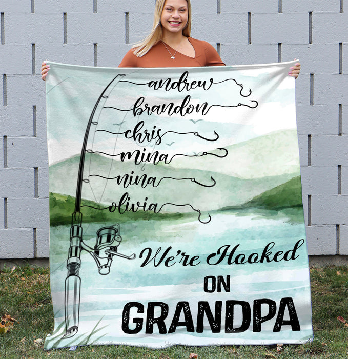 Personalized Blanket Gifts For Grandparents From Grandchild We're Hooked On Papa Fishing Lover Custom Name For Christmas