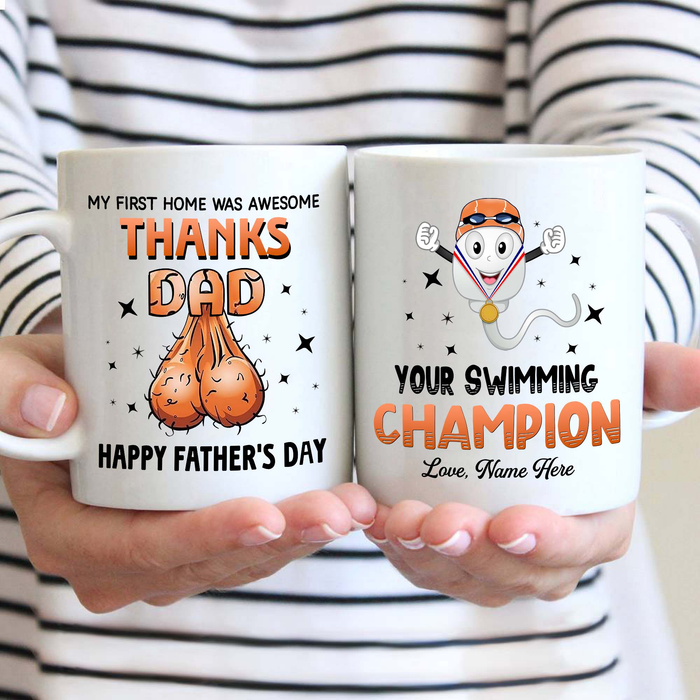 Personalized Ceramic Coffee Mug For Dad From Your Swimming Champion Funny Sperm Print Custom Kids Name 11 15oz Cup